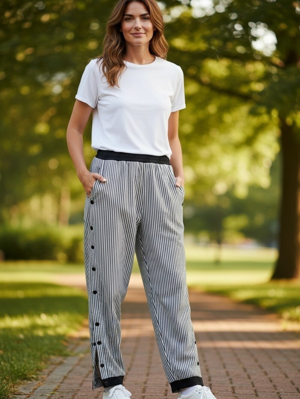 Black & White Striped Snap-Side Track Pants - Women